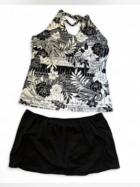 Black & White Floral Tankini Top with Black Swim Skirt